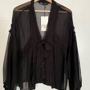 Zara Black Romantic Sheer Chiffon Lace Blouse Top L